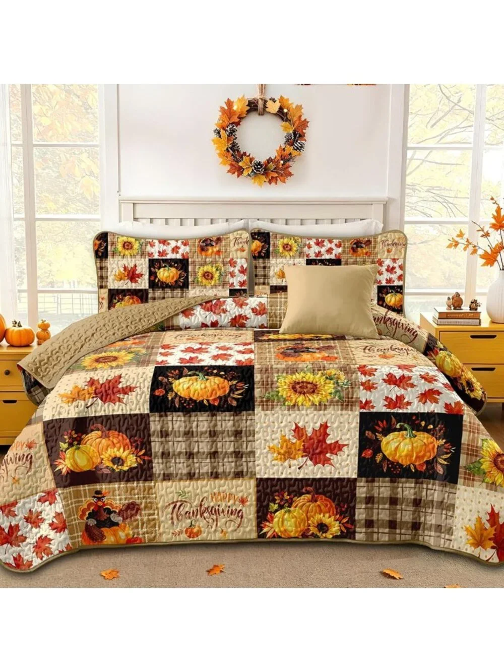 Cozy Fall Patchwork King Quilt Set, 3-Piece Thanksgiving Bedding, Brown Tones